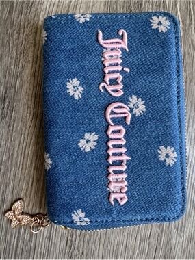 Juicy Couture Y2K Inspired Denim Daisy Zip Wallet with Pink Embroidered Logo